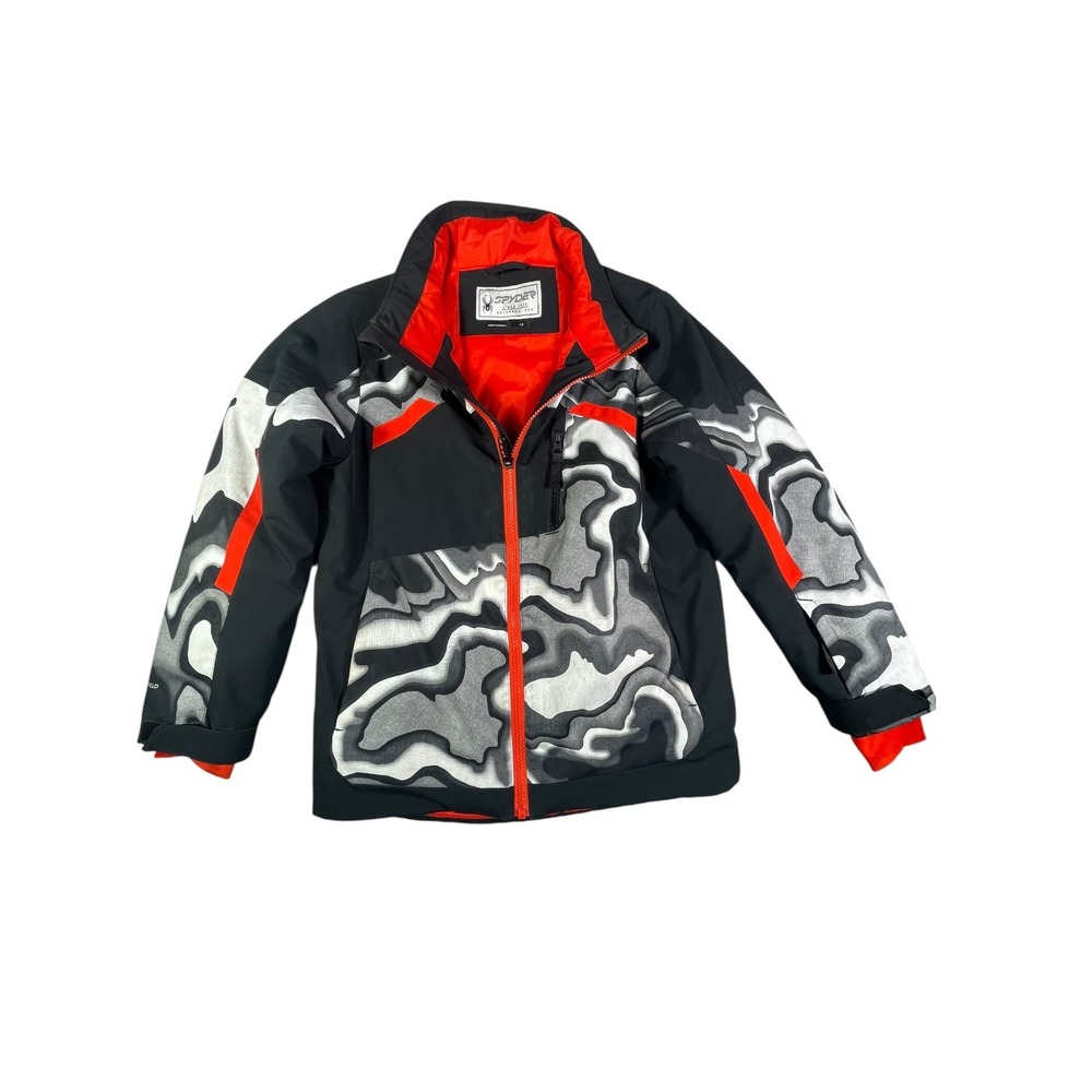Spyder Boys Ski Jacket Size 10 Black Grey Orange Camo Full Zip Winter Coat